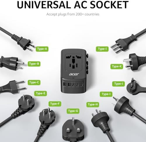 Acer Universal Travel Plug Adapter - International Power Adapter with 5 USB Ports (3 USB C) 5.8A, Worldwide Outlet Charger for USA to European UK France Germany Spain, Type C/E/F/G/I/L/A, Black - Image 4