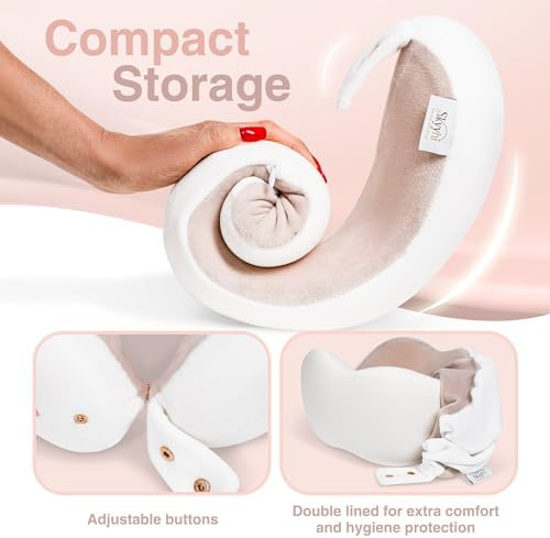 Women's Small Fitted Neck Pillow for Traveling, Memory Foam Travel Pillow, Travel Neck Pillows for Airplanes, Travel Essentials for Flying, Plane Pillow in Taupe and White - Image 4