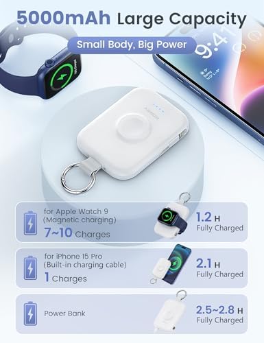 RORRY Portable Charger, 5000mAh Portable Charger Power Bank with Built-in Cables, Travel Keychain Battery Pack for Apple Watch Ultra/11/10/9/8/7/6/SE, iPhone Air/17/16/15/14/13/12, White - Image 3