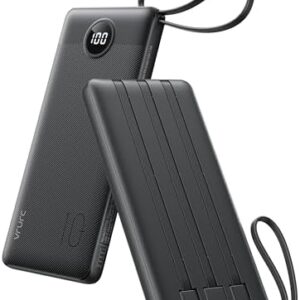 VRURC Portable Charger with Built in Cables, Slim Power Bank 10000mAh, USB C Travel Battery Pack, 5 Output 2 Input External Charging Bank for iPhone 17 16 15 14 13,Samsung,Android-Black(1 Pack)