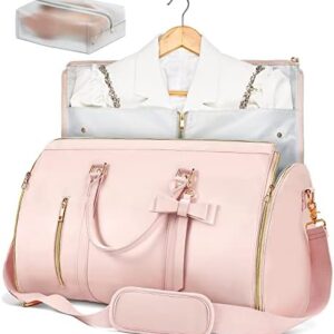Garment Bags for Travel, Convertible Suit Travel Bag for Women, Stylish Carry On Garment Bag with Toiletry Pocket, Shoulder Strap and Shoes Compartment, 2 in 1 Foldable PU Leather Duffle Bag, Pink