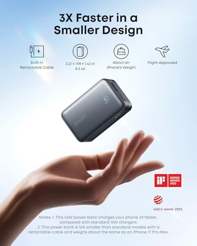 Anker Nano Portable Charger, 45W 10000mAh with 2.3 ft Retractable Cable, Compact Power Bank, Travel Essential Phone Battery Pack for iPhone 17/16 Series, iPad, Galaxy, Pixel, and More - Image 4