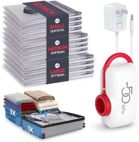 VMstr 12-Pack Vacuum Bags for Travel, Vacuum Seal Compression Bags for Clothing, Carry-On Luggage Space Saver Bags with Plug-in Electric Pump