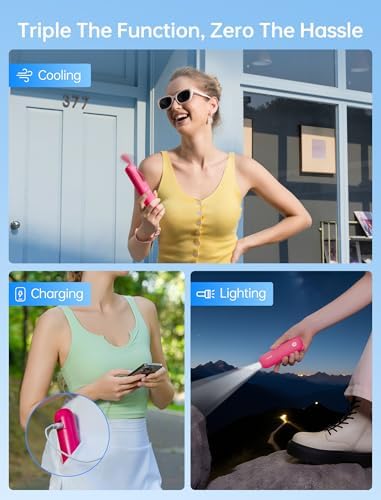 JISULIFE Handheld Mini Fan, 3 IN 1 USB Rechargeable Portable Fan [12-19 Working Hours] with Power Bank, Flashlight, Pocket Design for Travel/Summer/Concerts/Lash, Gifts for Women (Fuchsia) - Image 2