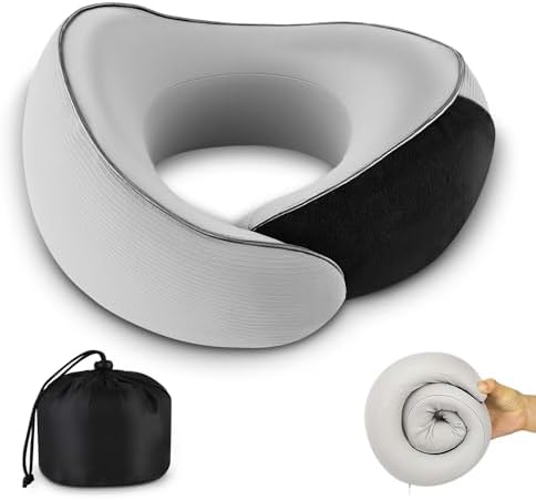 Travel Pillow for Airplane - 360°Support Ergonomic Raised-Edge Designed, 100% Memory Foam Neck Pillow - Best for Traveling & Long Flights & Offices & Cars Sleeping Use with Storage Box