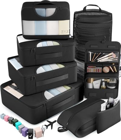 Veken 10 Set/8 Set Packing Cubes for Travel Essentials, Suitcase Organizer Bags in 4 Sizes, Carry-On Luggage Accessories with Laundry & Toiletry Bag, Airplane Must-Have, Road Trip & Camp Gifts for Men