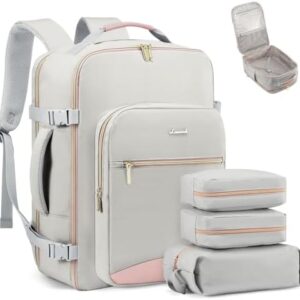 LOVEVOOK Travel Backpack for Women & Men 40L,Airline Approved Carry On Backpack Travel Essentials,TSA Carry on Luggage,Waterproof Personal Item Travel Bag,Suitcase with 3 Packing Cubes,Light gray-Pink