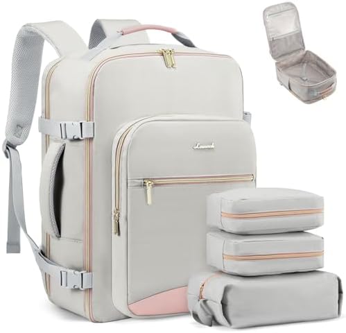 LOVEVOOK Travel Backpack for Women & Men 40L,Airline Approved Carry On Backpack Travel Essentials,TSA Carry on Luggage,Waterproof Personal Item Travel Bag,Suitcase with 3 Packing Cubes,Light gray-Pink