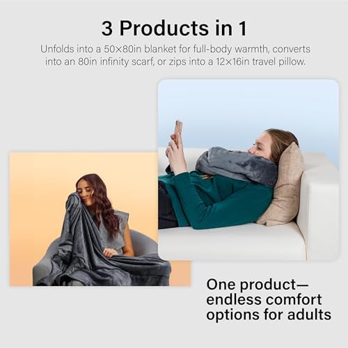 NAPRO 3‑in‑1 Travel Blanket Pillow Scarf – Convertible 50×80″ Blanket, 12×16″ Pillow, 80″ Infinity Neck Pillow – Lightweight, Plush – Gray - Image 3