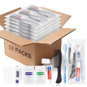 50 Sets Bulk Hygiene Kits for Homeless,Basic Toiletry Kit Homeless Supplies Bulk,Disposable Toothbrushes with Toothpaste and Comb Individually Wrapped,Bath Soap,Shampoo,Body Wash,Floss Pick