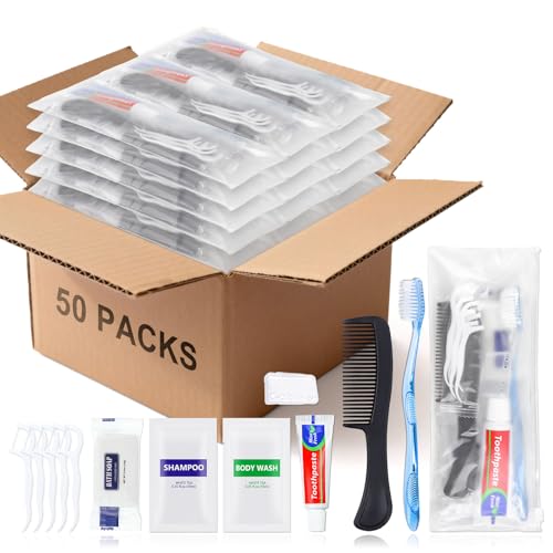 50 Sets Bulk Hygiene Kits for Homeless,Basic Toiletry Kit Homeless Supplies Bulk,Disposable Toothbrushes with Toothpaste and Comb Individually Wrapped,Bath Soap,Shampoo,Body Wash,Floss Pick