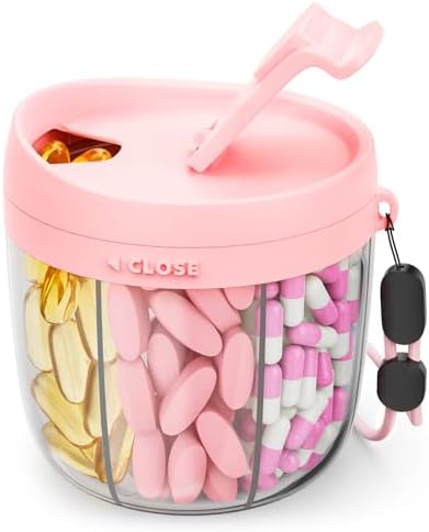 Cute Pill Dispenser with 7 Compartments, Pill Bottle Organizer with Anti-Mix Design, Portable Pill Organizer for Travel with Wide Mouth for Easy Access, BPA-Free Patented Pill Container, Pink