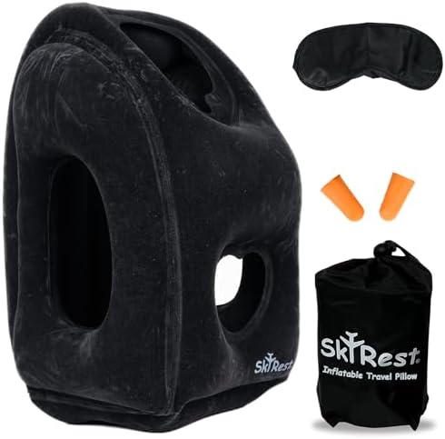 Inflatable Travel Pillow - Airplane Pillow for Neck Support on Long Flights, Buses, Cars, Office & Trains - Comes with Eye Mask, Earplugs & Portable Drawstring Bag - Black