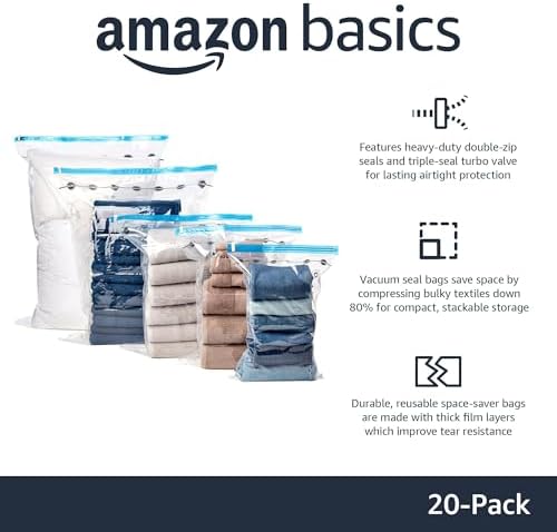 Amazon Basics Vacuum Storage Bags with Hand Pump for Travel, Space Saving Compression Bags for Clothes, Clothing, Blankets and Duvets, Clear, 20 Pack (5 Small, 5 Medium, 5 Large & 5 Jumbo) - Image 2