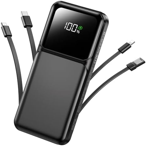 Portable Charger with Built in Cable -20000mAh Fast Charging Power Bank USB C Slim 22.5W LED Display Battery Pack 5 Outputs & 3 Inputs for Travel Essentials iPhone Samsung Phones Black