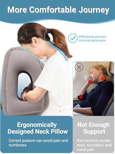 Maliton Inflatable Travel Pillow for Airplane Comfortable Sleeping to Relieve Neck and Shoulder Pain, Support Head Inflatable Pillow for Long Flights, Used for Airplanes, Cars, Trains, Office(Grey) - Image 4