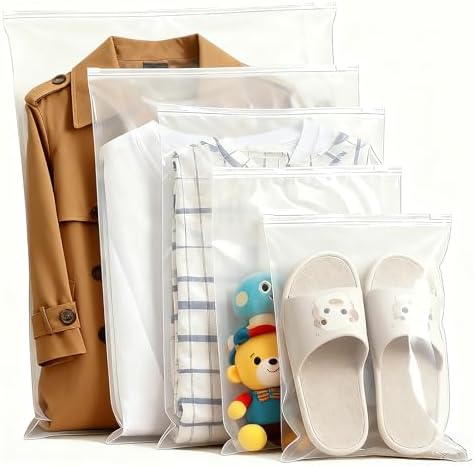 30pcs Packaging Bags for Clothing, 5 Different Sizes Reusable Clear Frosted Plastic Apparel Bags for Travel Storage- Shirts, Sweatshirts, Underwear, Bathing Suit, with Vent Holes