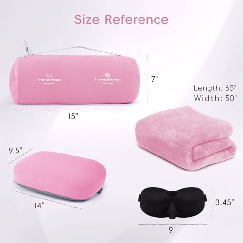 4-in-1 Travel Pillow & Blanket Set with Eye Mask, Memory Foam Neck Support, 50x65 Inch Blanket, Storage Bag for Airplane, Car, Train, Home Travel Pink - Image 3