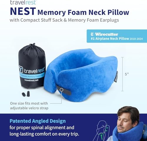 TRAVELREST Nest Neck Support Pillow - Travel Essentials, Memory Foam, Compact Travel Pillow for Long Flights, Plane Sleeping Accessories, Comfortable, Compact, Washable, Attaches to Luggage - Blue - Image 2
