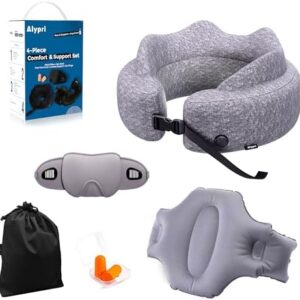 4-in-1 Travel Comfort Set – Inflatable Neck Pillow, Convertible Lumbar Support & Foot Hammock, 3D Sleep Mask & Ear Plugs – Complete Comfort Kit for Airplane, Office & Car – Gift-Ready (Gray)