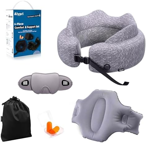 4-in-1 Travel Comfort Set – Inflatable Neck Pillow, Convertible Lumbar Support & Foot Hammock, 3D Sleep Mask & Ear Plugs – Complete Comfort Kit for Airplane, Office & Car – Gift-Ready (Gray)