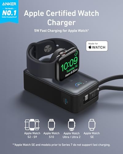 Anker MagGo Power Bank for Apple Watch, Officially Certified 10,000mAh Compact Battery Pack with Built-in USB-C Cable, 35W Max, for iPhone 15 Series, Samsung, iPad, AirPods, and More(Black) - Image 2