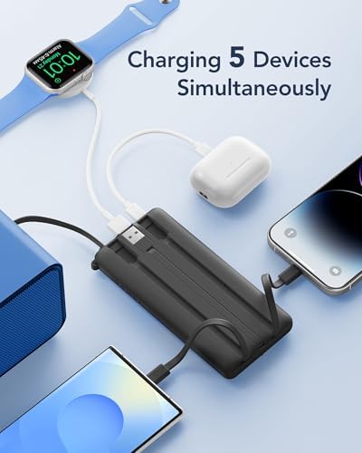 VRURC Portable Charger with Built in Cables, Slim Power Bank 10000mAh, USB C Travel Battery Pack, 5 Output 2 Input External Charging Bank for iPhone 17 16 15 14 13,Samsung,Android-Black(1 Pack) - Image 3