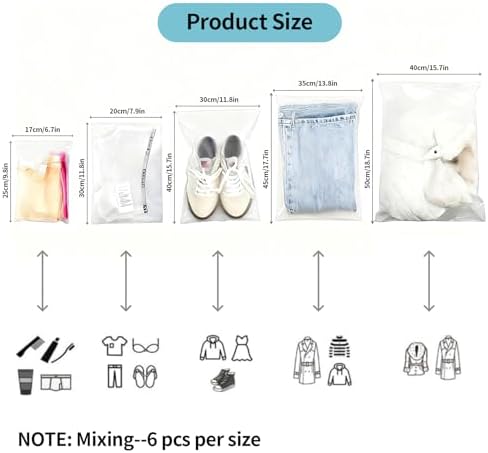 30pcs Packaging Bags for Clothing, 5 Different Sizes Reusable Clear Frosted Plastic Apparel Bags for Travel Storage- Shirts, Sweatshirts, Underwear, Bathing Suit, with Vent Holes - Image 5