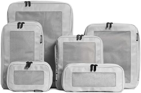 Aerotrunk Compression Packing Cubes for Travel - Luggage Organizer Bags - Double Zipper Packing Cubes for Suitcases (6-Pack, Light Grey)