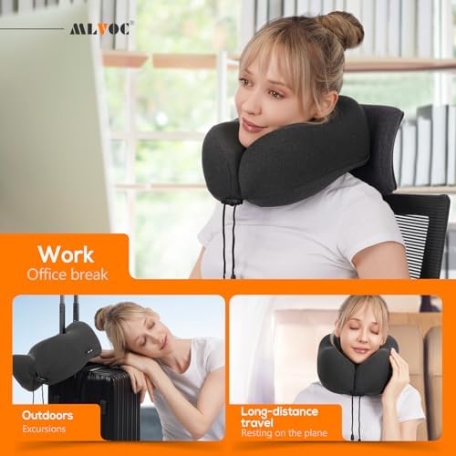 MLVOC Neck Pillow for Traveling, Upgraded 100% Pure Memory Foam Travel Neck Pillow for Airplane Flight Sleep, Breathable & Machine Washable Cover, Travel Kit with 3D Eye Mask, Earplugs & Bag, Black - Image 6
