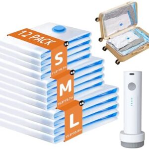 12 Pack Vacuum Bags for Travel with Rechargeable Air Pump, Carry-On Compression Bags for Luggage and Suitcase, Space Saver Storage for Clothing and Travel Organization