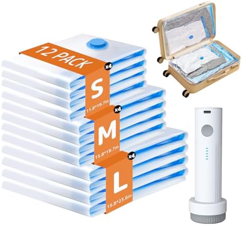 12 Pack Vacuum Bags for Travel with Rechargeable Air Pump, Carry-On Compression Bags for Luggage and Suitcase, Space Saver Storage for Clothing and Travel Organization