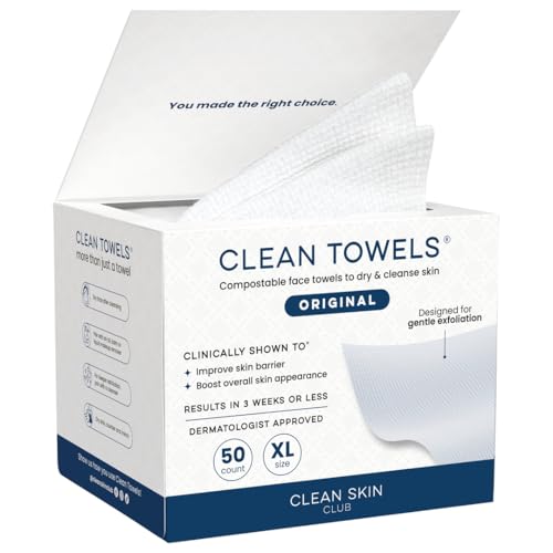 Clean Skin Club Clean Towels XL®, 100% USDA Biobased Face Towel, Disposable Face Towelette, Eczema Association Accepted, Makeup Remover Dry Wipes, Ultra Soft, 1 Pack, 50 Ct