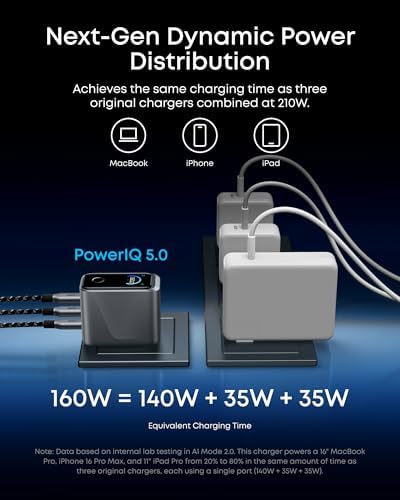 Anker Prime Charger,160W 3-Port Compact GaN USB C Charger Block,Smart Display and Touch Control,Up to 140W Single‑Port Charging,for MacBook Pro,Laptop,iPhone 17 Series(Cable Not Included,Non-Battery) - Image 3