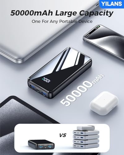 Portable Charger,50000mAh Power Bank Built-in Cable, 22.5W PD USB C In & Out Fast Charging, External Battery Pack with 6 Output & 2 Input, Travel Phone Charger for iPhone 17/16/15/14/13/12(Black) - Image 5