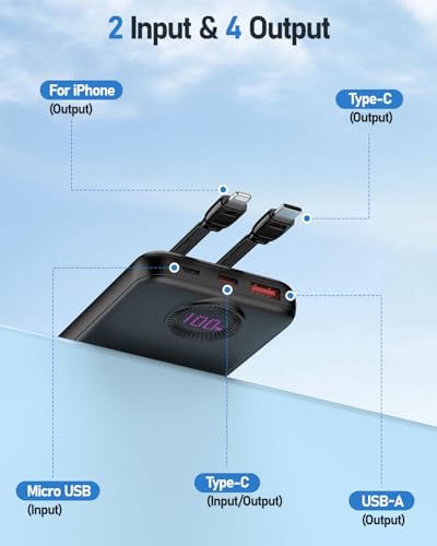 Power Bank,10000mAh 22.5W Max Portable Charger Built in Cables，4 Outputs 2 Inputs External Phone Powerbank,5V/3A Fast Charging Travel Charger for iPhone Android iPad,(Pearl Black) - Image 2