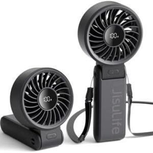 JISULIFE Handheld Fan Life7 – Ultimate Flexibility: High-Power Motor, LED Display, 19.5 Hrs Cooling, 5000mAh Rechargeable, 5-Speed, Foldable Design, 3-IN-1 Portable Fan for Travel Cruise Beach(Black)