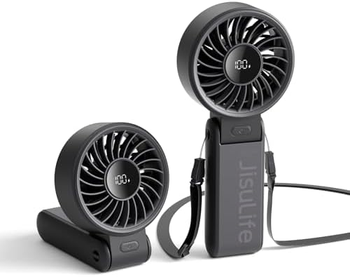 JISULIFE Handheld Fan Life7 – Ultimate Flexibility: High-Power Motor, LED Display, 19.5 Hrs Cooling, 5000mAh Rechargeable, 5-Speed, Foldable Design, 3-IN-1 Portable Fan for Travel Cruise Beach(Black)