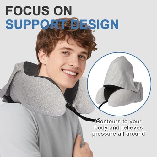 Travel Neck Pillow with 100% Light-Blocking Hood – Ergonomic Memory Foam Support Pillow for Airplane, Long Flights, Road Trips, Office and Car, Full Head and Neck Support with Skin-Friendly Cover - Image 5