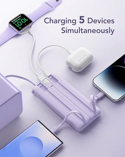 VRURC Portable Charger Power Bank, 10000mAh Travel Essentials Battery Pack, 5 Outputs 2 Inputs Slim Charging Bank Built-in Cables Cords for iPhone 17 16 15 14 13,Samsung,Android-Lavender(1 Pack) - Image 8
