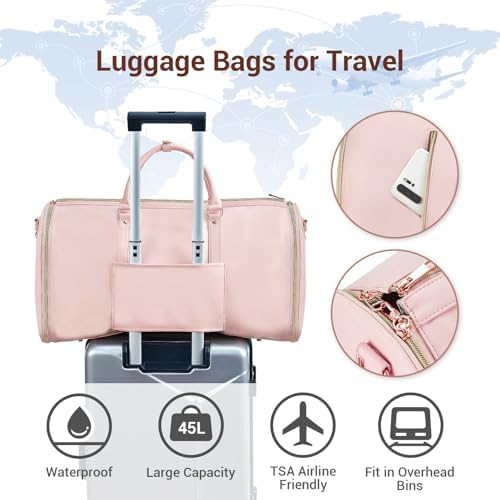 Garment Bags for Travel, Convertible Suit Travel Bag for Women, Stylish Carry On Garment Bag with Toiletry Pocket, Shoulder Strap and Shoes Compartment, 2 in 1 Foldable PU Leather Duffle Bag, Pink - Image 7