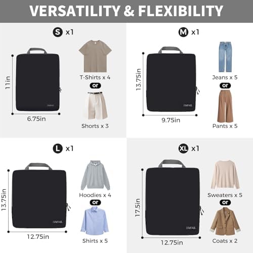 BAGAIL 4 Set/6 Set/8 Set Compression Packing Cubes Travel Accessories Expandable Packing Organizers (Cloth Pattern, 4-Black) - Image 2