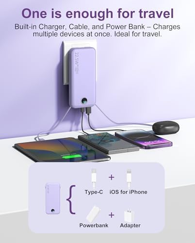 Portable Charger, 12000mAh 22.5W USB C Fast Charging Power Bank with Built-in Cables and AC Wall Plug, Smart LED Display Travel Essentials Battery Pack Compatible with iPhone, iPad, Samsung etc Purple - Image 4