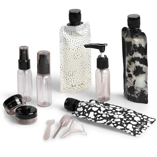 Kitsch 11 PCS Travel Bottles for Toiletries – Travel Essentials Kit for Shampoo, Conditioner, Lotion & More - TSA Approved Travel Bottles, Leak-Proof Refillable Travel Size Containers - Black & Ivory