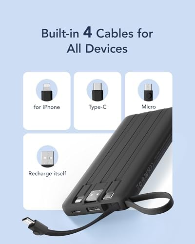 VRURC Portable Charger with Built in Cables, Slim Power Bank 10000mAh, USB C Travel Battery Pack, 5 Output 2 Input External Charging Bank for iPhone 17 16 15 14 13,Samsung,Android-Black(1 Pack) - Image 4