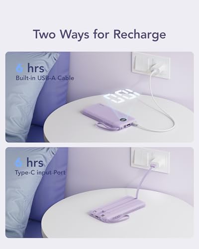 VRURC Portable Charger Power Bank, 10000mAh Travel Essentials Battery Pack, 5 Outputs 2 Inputs Slim Charging Bank Built-in Cables Cords for iPhone 17 16 15 14 13,Samsung,Android-Lavender(1 Pack) - Image 3