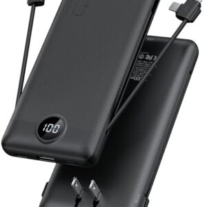 Portable Charger,Power Bank Built-in Cables and AC Wall Plug,VRURC USB C Portable Bank 10000mAh,Travel Essentials Phone Charger Compact Lightweight External Battery Pack for Smart Phones,Tablets-Black