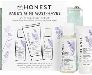 The Honest Company Babe's Mini Must Haves Gift Set Travel Size Hypoallergenic Lavender Bathtime Essentials Shampoo Body Wash (2 fl oz) Face Lotion (1 Bubble Bath