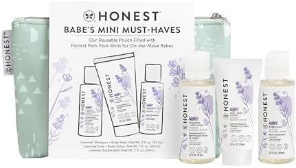 The Honest Company Babe's Mini Must Haves Gift Set Travel Size Hypoallergenic Lavender Bathtime Essentials Shampoo Body Wash (2 fl oz) Face Lotion (1 Bubble Bath