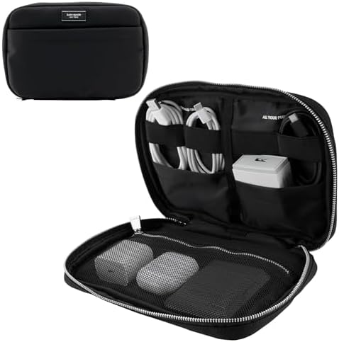 kate spade new york Nylon Tech Organizer Pouch - Electronics Cable Cord Organizer, Travel Case for Chargers, Power Bank, AirPods, and Accessories - Signature Black